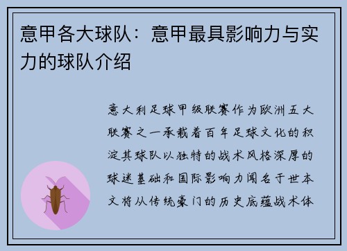 意甲各大球队：意甲最具影响力与实力的球队介绍
